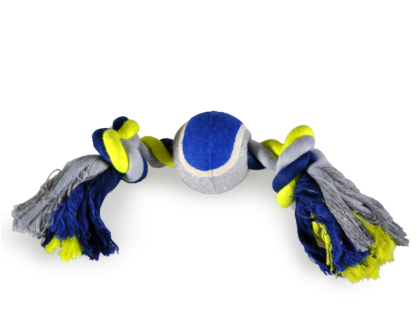 Corde coton 2 noeuds +balle tennis bleu-jaune 30cm